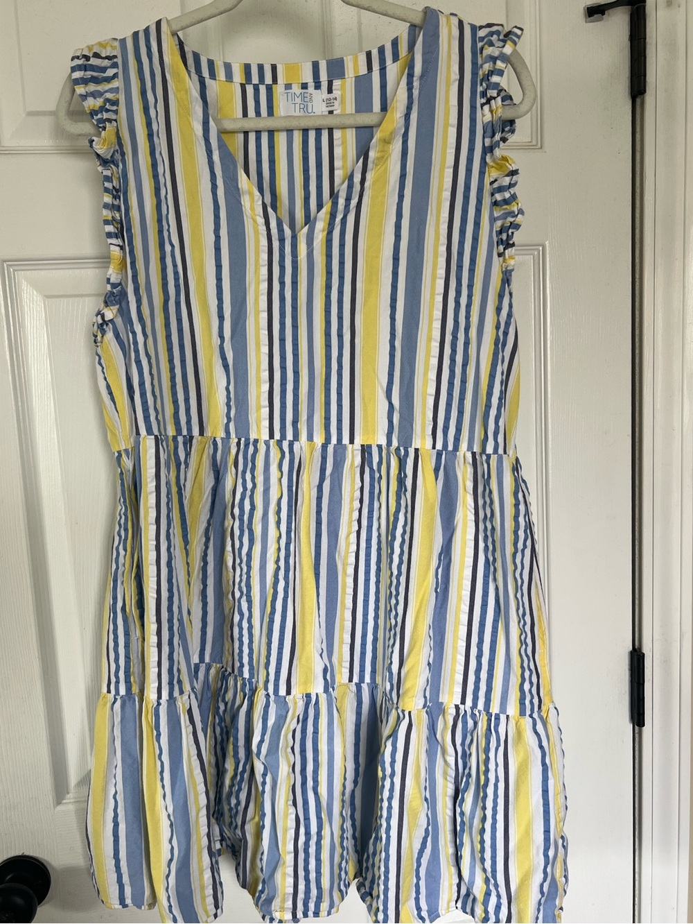 Time and Tru Yellow Blue Striped Summer Dress Pique Pockets L